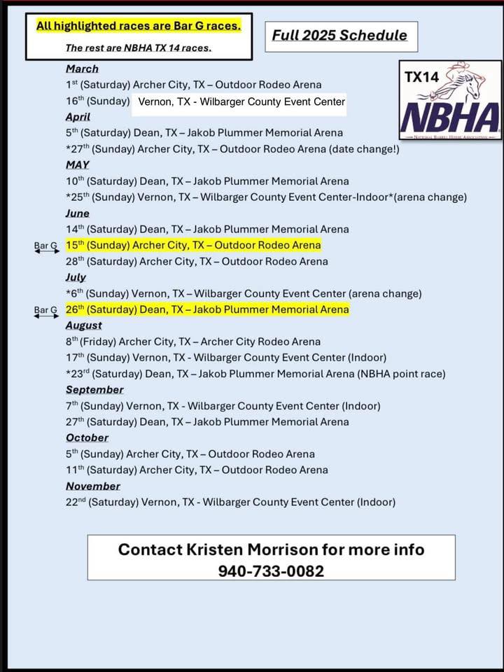 NBHA TX 14 2025 Schedule -Save The Dates