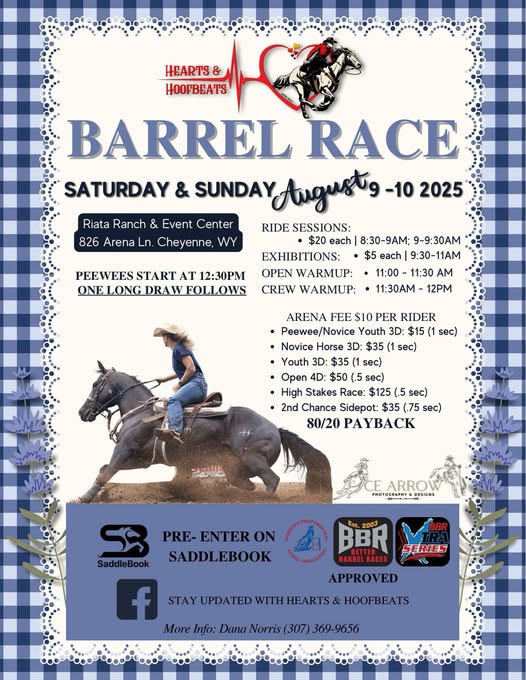 Flyer for Hearts & Hoofbeats August Barrel Race
