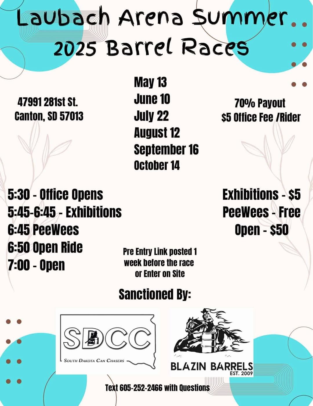 Flyer for Laubach Arena Summer 2025 Barrel Races