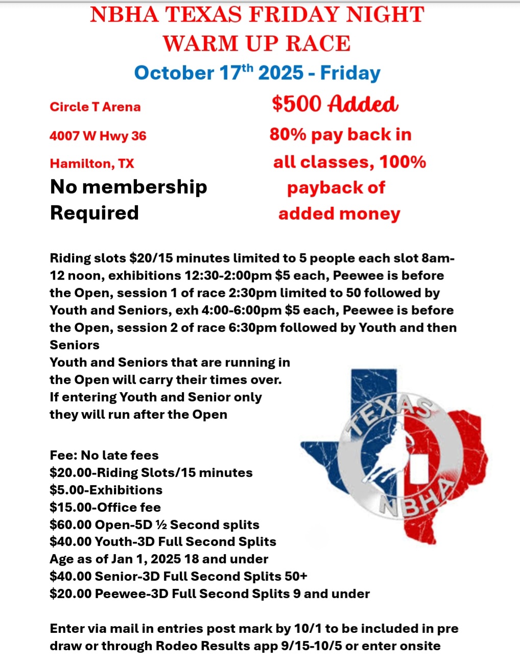 NBHA TX 08 FRIDAY NIGHT 
WARM UP RACE
No membership required