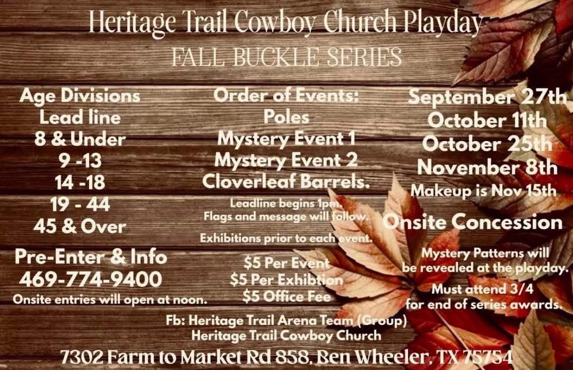 Flyer 1 for Heritage Trail Cowboy Church Playday Fall Series