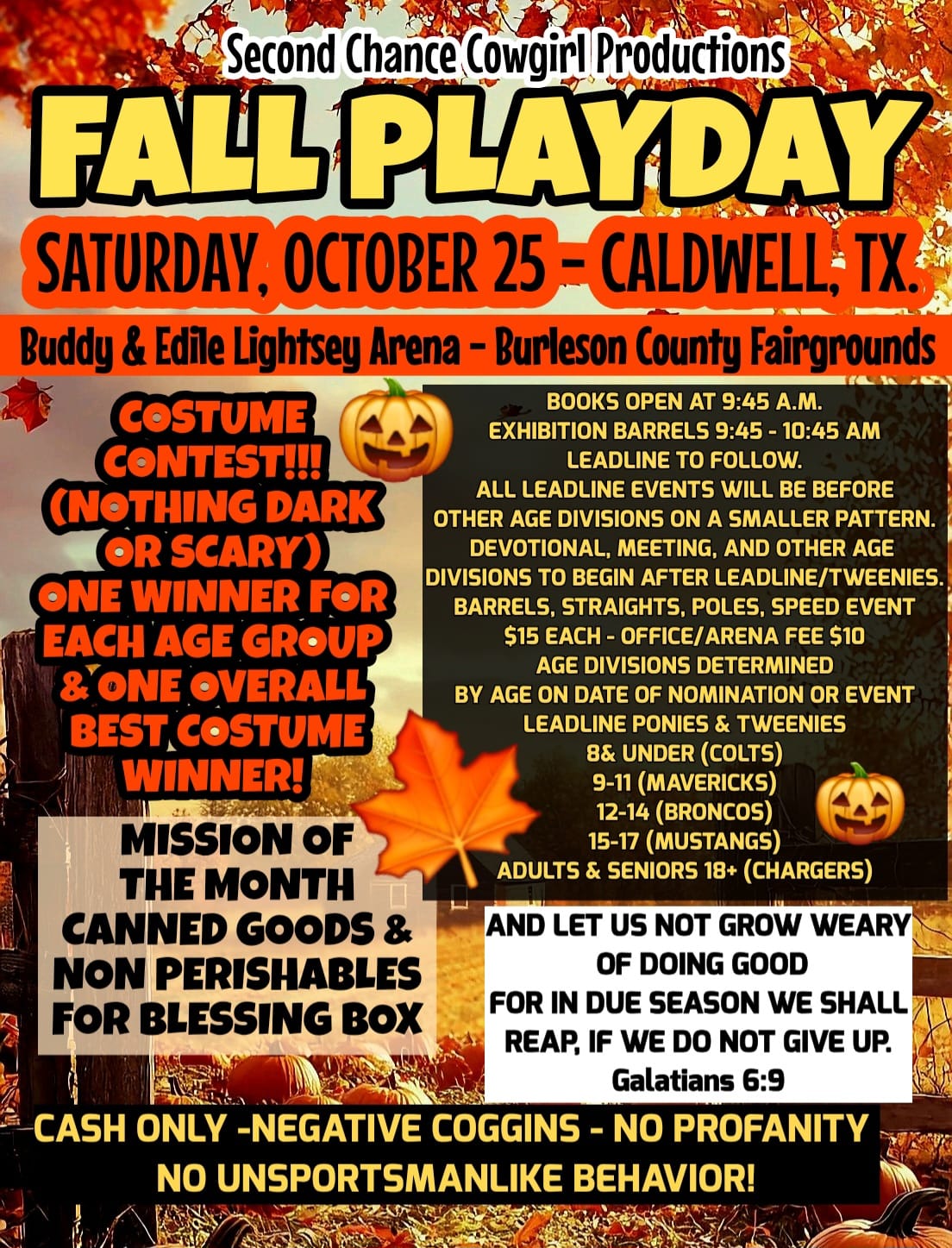 Flyer 1 for Second Chance Cowgirl Productions Sat Barrel Racing & Pole Bending Jackpots No Points
