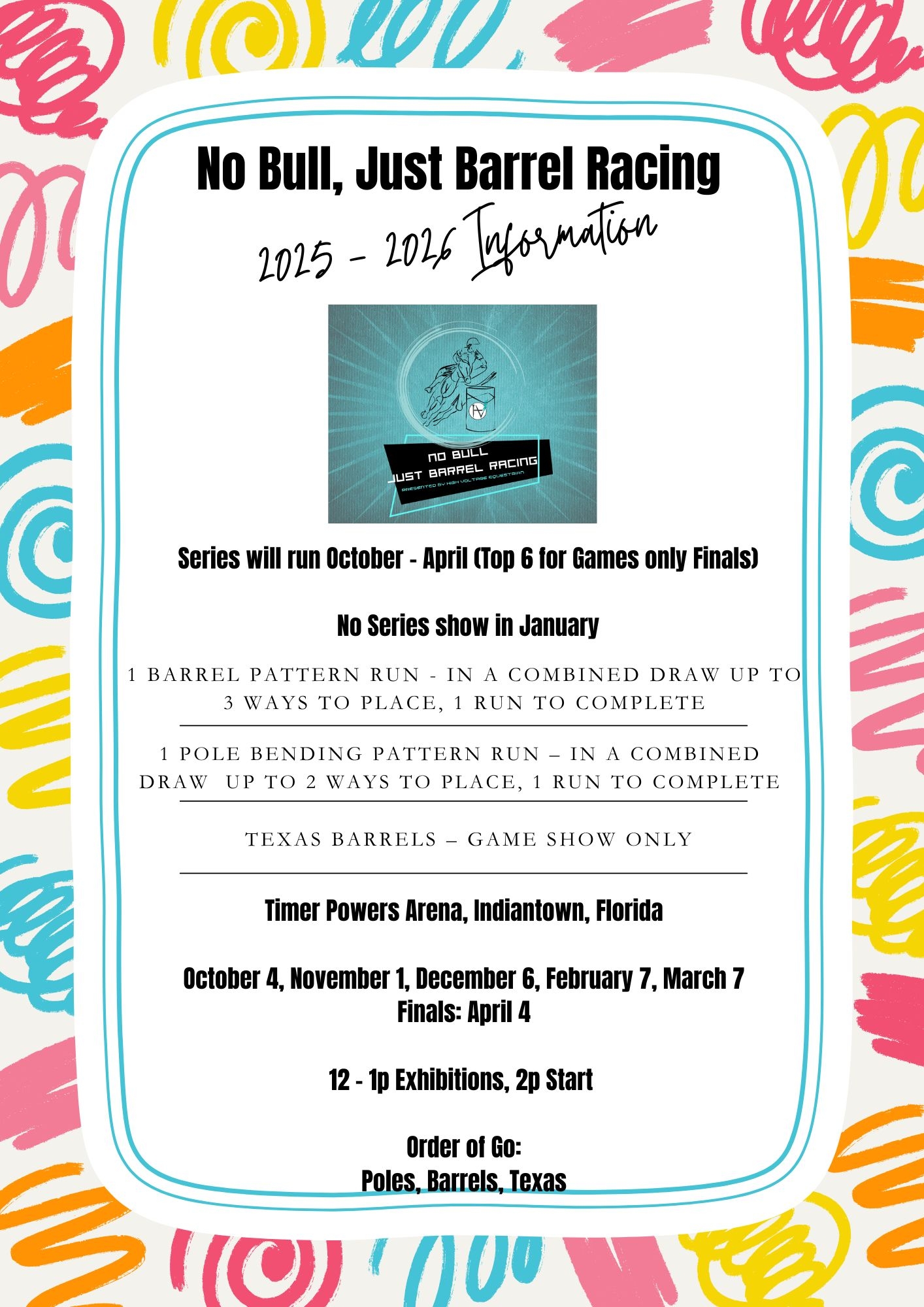 Flyer 1 for No Bull, Just Barrel Racing Jackpot & Game Show Presented by HVE 