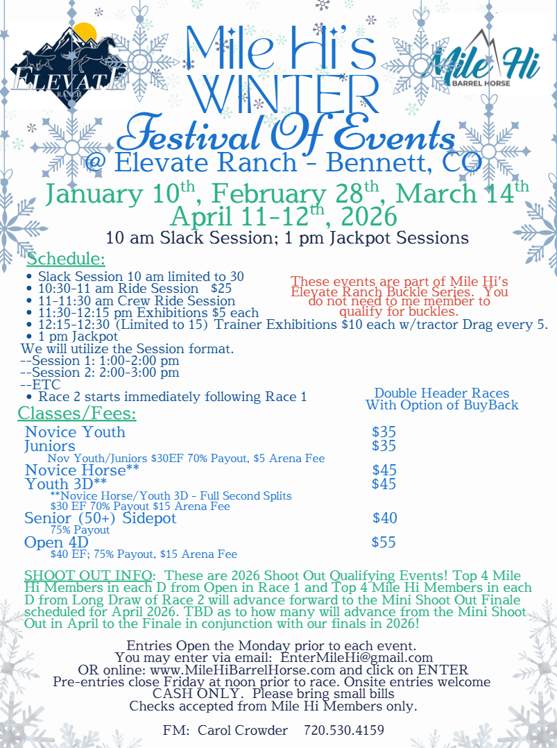Flyer 1 for Mile Hi's Winter Festival of Events @ Elevate Ranch
