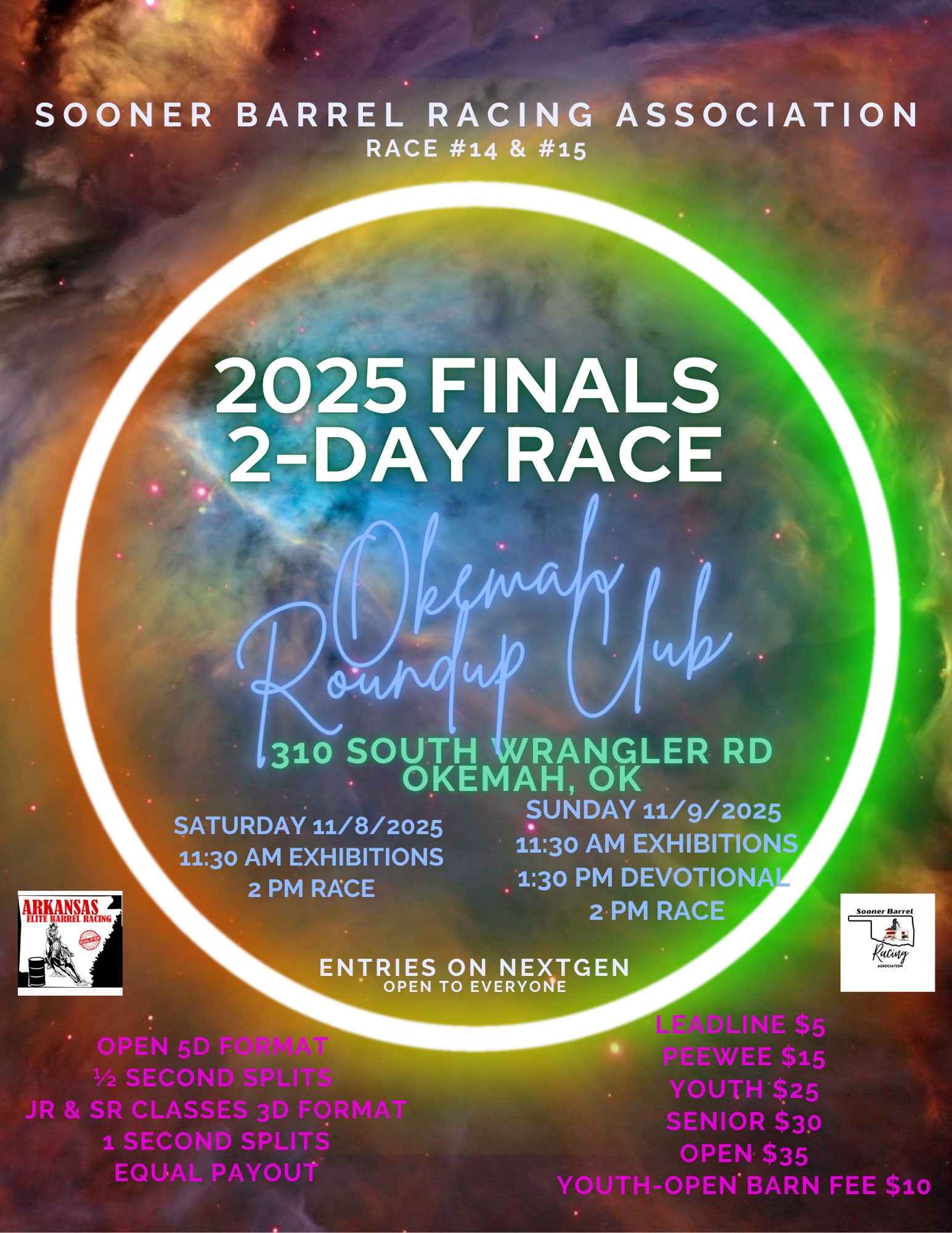 Flyer 1 for Sooner Barrel Racing Association 2025 Finals 2-Day Race Okemah Roundup Club