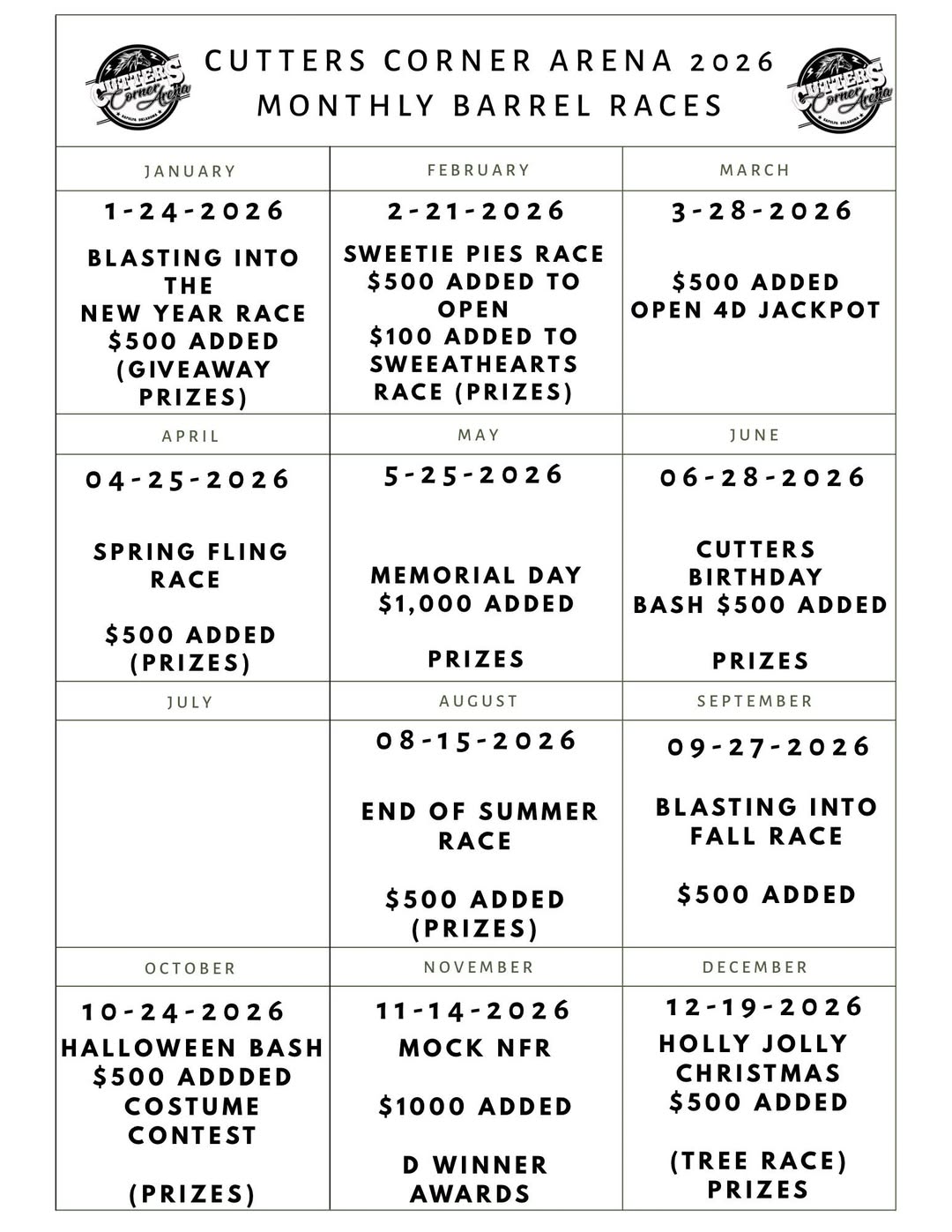 Flyer 1 for Cutters Corner Arena 2026 Schedule