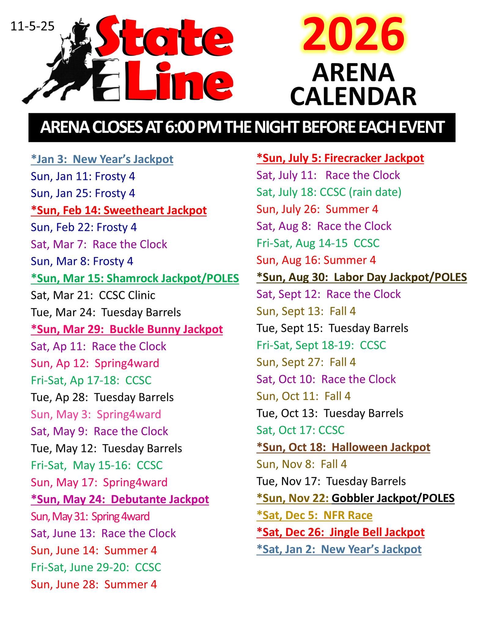 Flyer 1 for State Line 2026 Barrel Race Dates