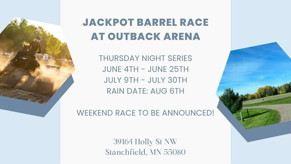 Flyer 1 for Thursday Night Jackpot Barrel Race Series at Outback Arena