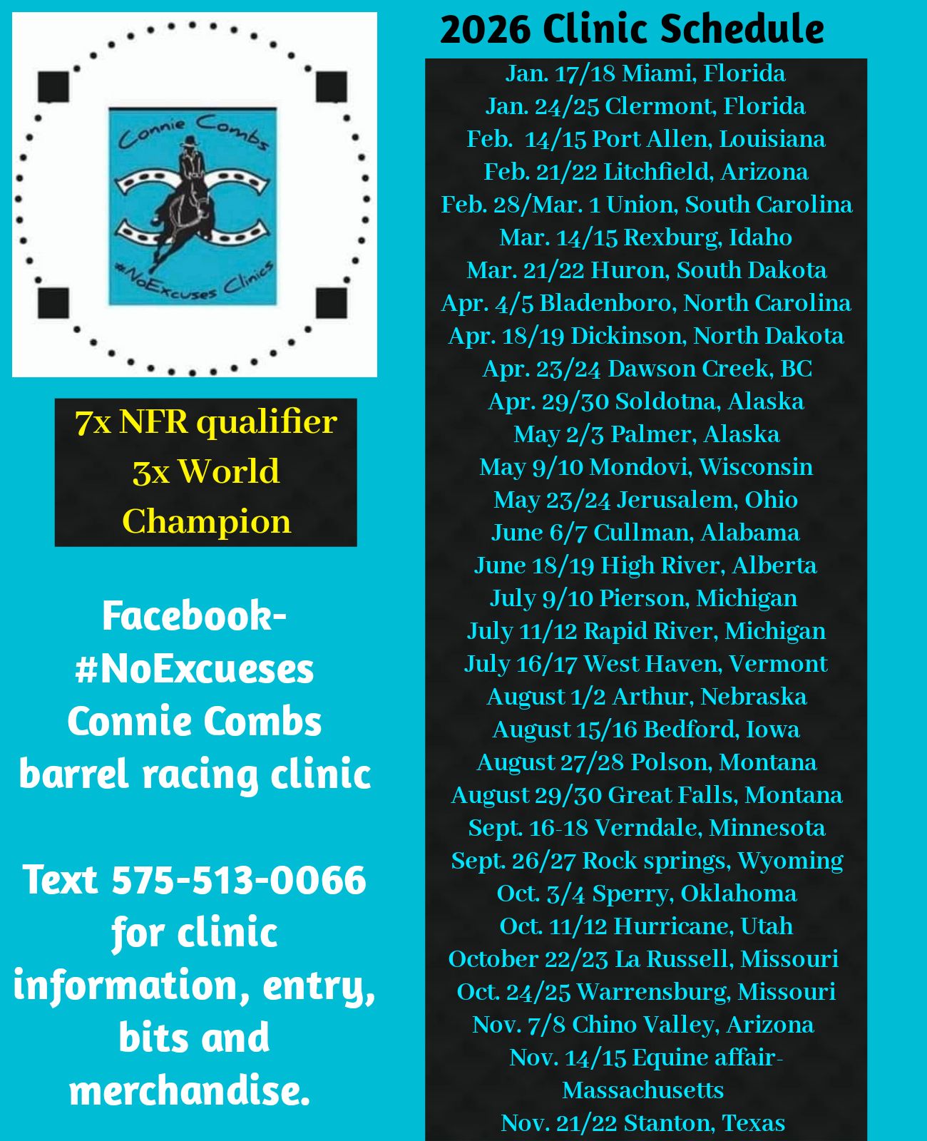 Flyer 1 for Connie Combs No Excuses 2026 Clinic Schedule