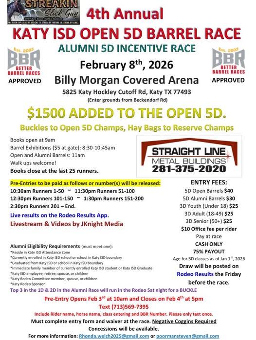 Flyer 1 for 4th Annual Katy ISD Open 5D Barrel Race
