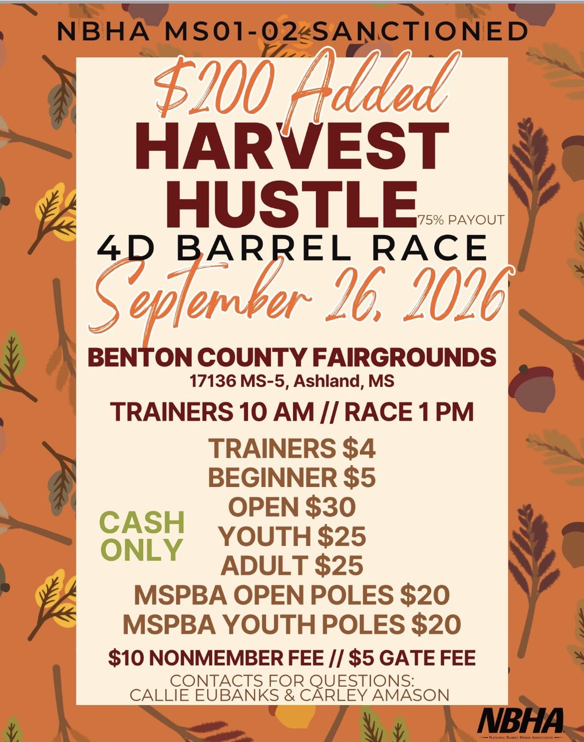 Flyer 1 for NBHA MS 01-02 Harvest Hustle 