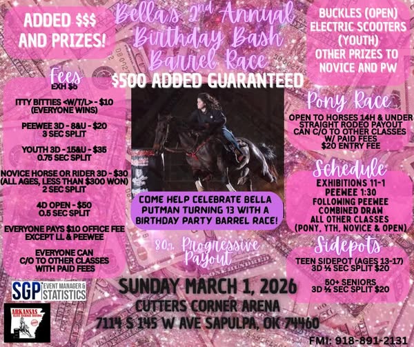 Flyer 1 for Bella's 2nd Annual Birthday Bash Barrel Race