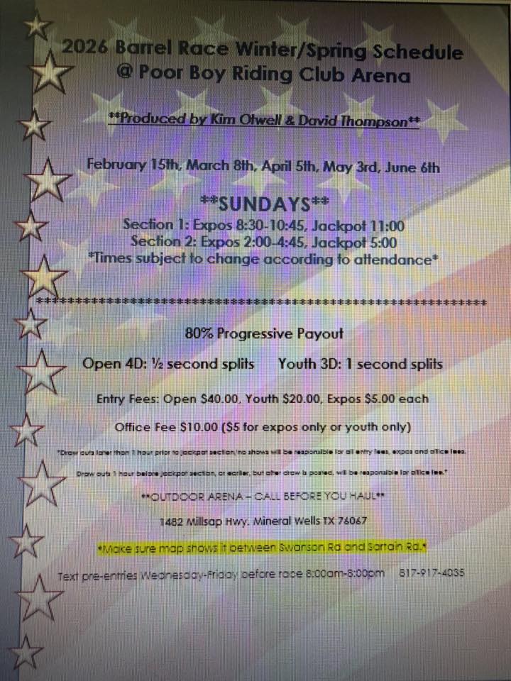 Flyer 1 for 2026 Poor Boy Riding Club Arena Series