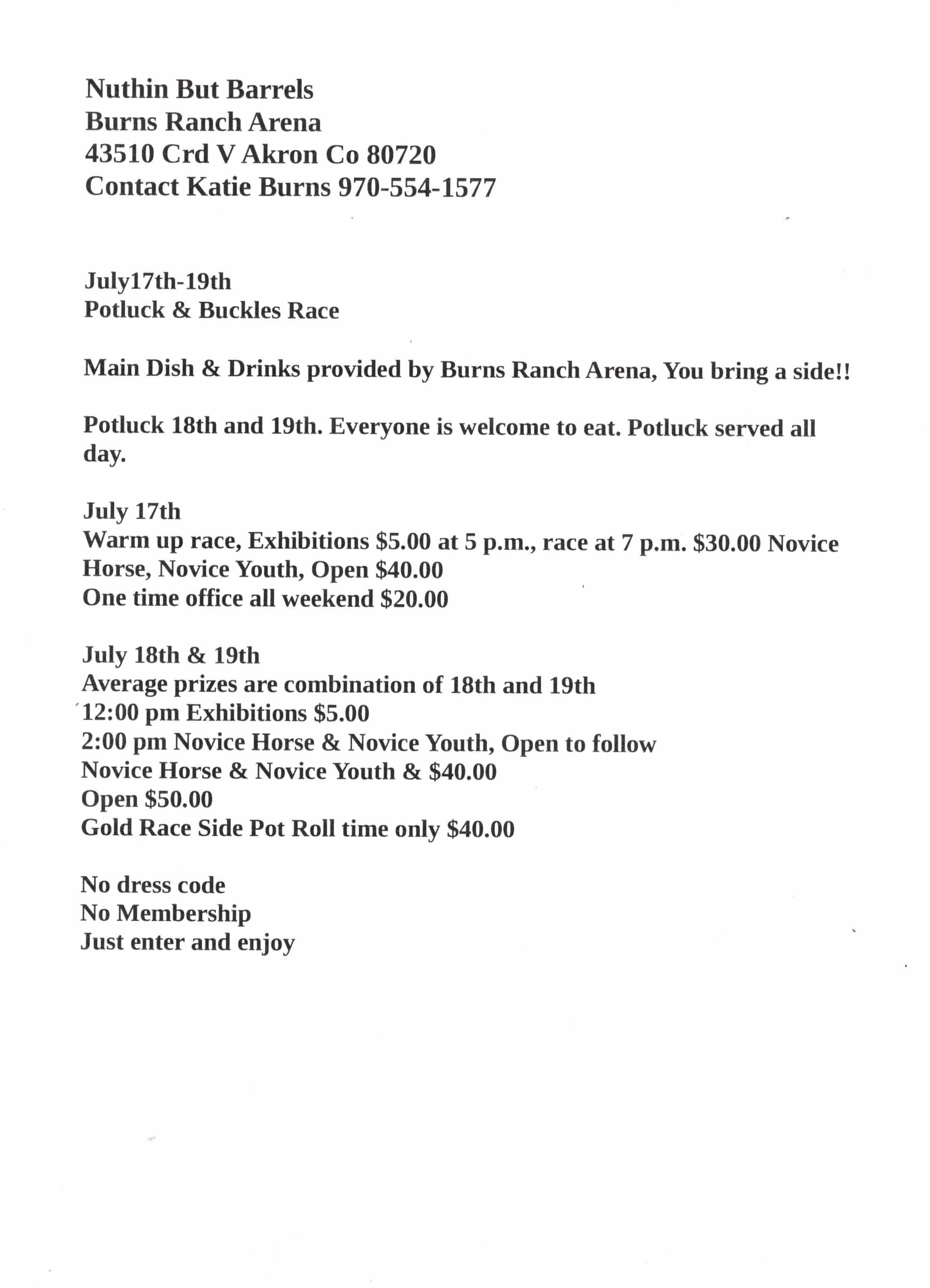 Flyer 1 for Nuthin But Barrels Potluck & Buckles Race
