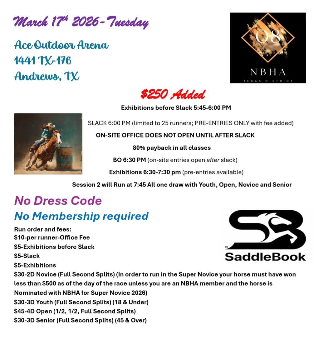Flyer 1 for NBHA TX O8 Barrel Race 3/17 Breakaway 3/15