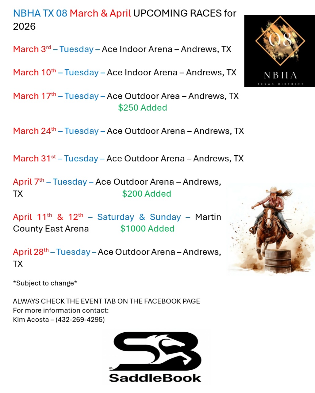 Flyer 1 for NBHA TX 08 March & April Races