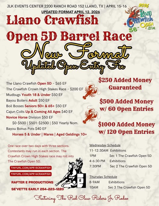 Flyer 1 for LLano Crawfish Open 5D Barrel Race - Update format! See flyer.